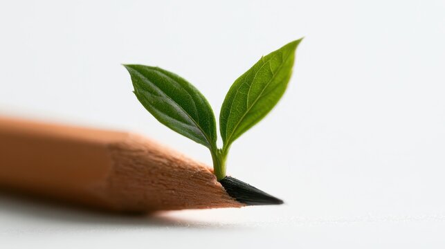 Small green plant sprout growing from the tip of a wooden pencil