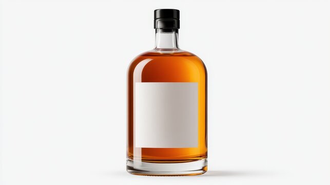 Glass bottle of amber liquid with a blank label isolated on white background