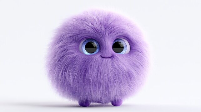 Cute fluffy purple creature with big sparkling eyes isolated on white background