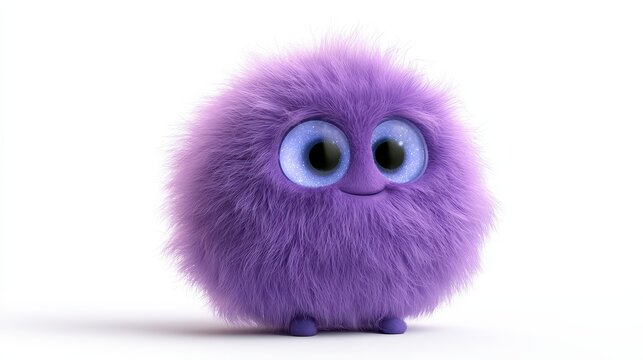 Cute purple fluffy monster with big glowing eyes isolated on white background