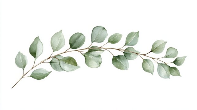 Watercolor illustration of a decorative eucalyptus branch with green leaves, isolated on white background