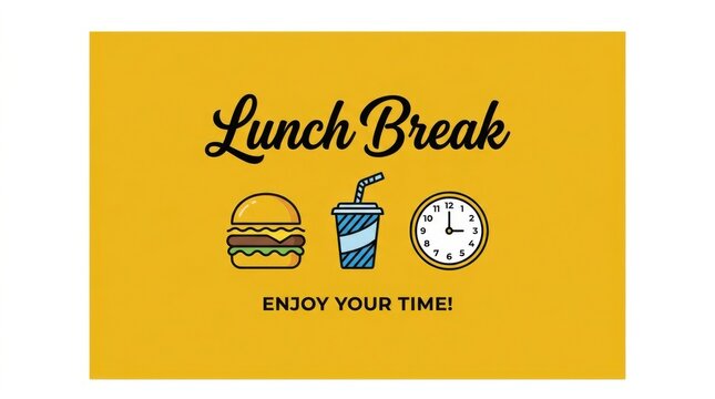 Hamburger beverage and clock illustration on a yellow background burger sandwich fastfood drink soda cup time wristwatch hour minute mealtime breaktime lunch recreation