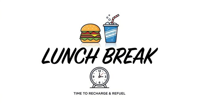 A colorful vector illustration depicts a hamburger soda and clock for a lunch break theme burger cheeseburger beverage drink fizzy refreshment time lunchtime