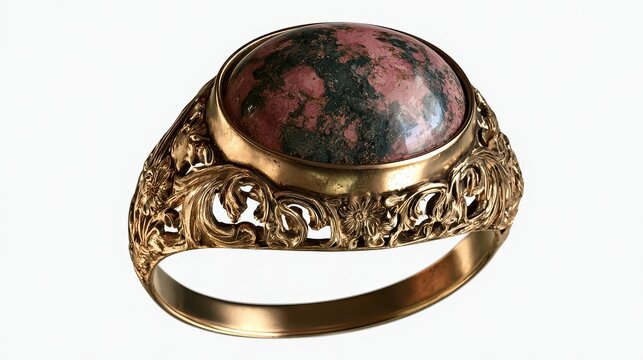 Vintage gold ring with a pink and green rhodonite gemstone isolated on white background