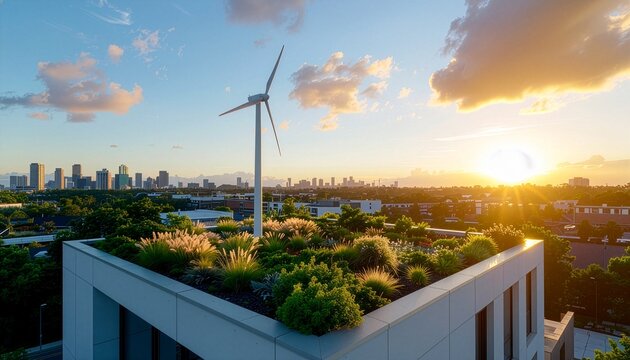 Sustainable green roof with wind turbine overlooking city skyline