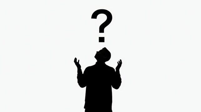 Silhouette of a man looking up at a large question mark isolated on white background