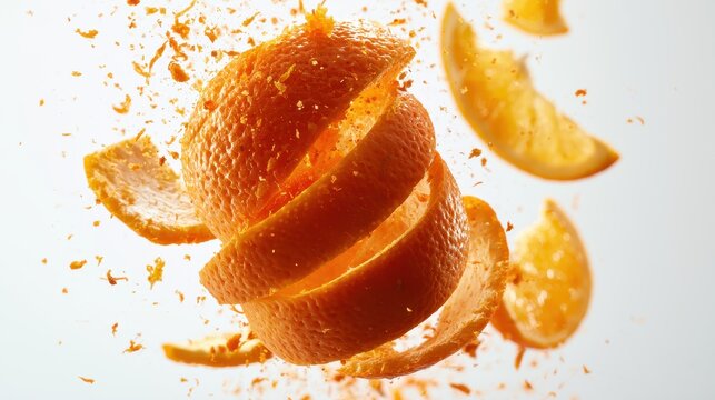 Fresh orange fruit with spiral peel and zest particles floating in the air isolated on white background