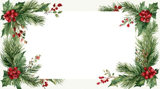 Watercolor christmas frame with pine branches, holly leaves, and red berries isolated on white background
