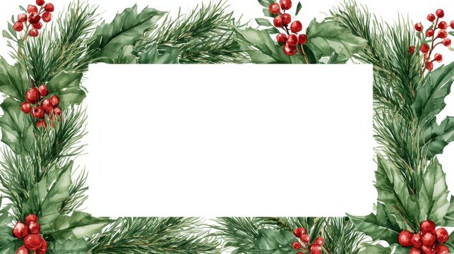 Watercolor christmas frame with pine branches, holly leaves, and red berries isolated on white background