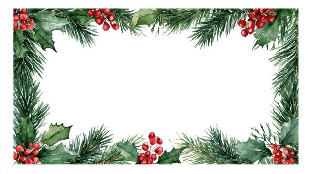 Watercolor christmas frame with pine branches and holly berries isolated on white background