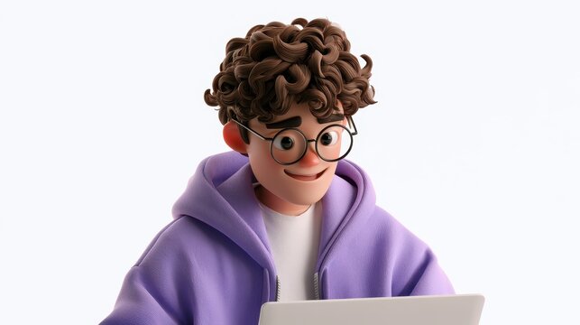 3d illustration of a young man with curly hair and glasses using a laptop