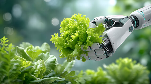Robotic hand gently holds fresh green lettuce, symbolizing fusion of technology and agriculture