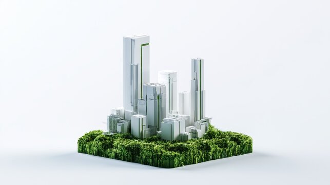 Isometric voxel city model with white modern towers and green forest base isolated on white background