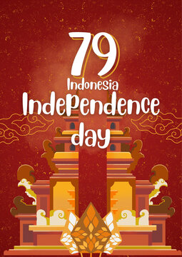 Indonesia Independence Day 79th Celebration Greeting Card Vector Template with Traditional Balinese Gate Candi Bentar Illustration on Red Gold Background