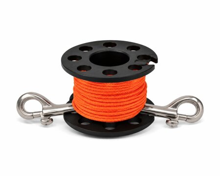 Orange nylon rope with stainless steel shackle on black spool for marine or industrial use