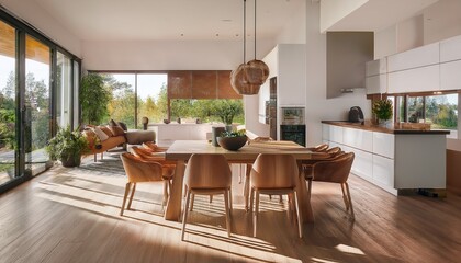 Fototapeta premium modern open concept dining and kitchen area with stylish furniture and ample natural light in contemporary home design
