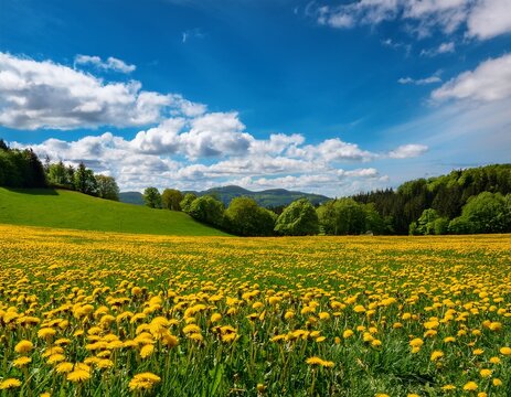 wide field of bright yellow dandelions under a clear blue sky with fluffy white clouds rolling green hills are topped with dense dark green trees serene and expansive view