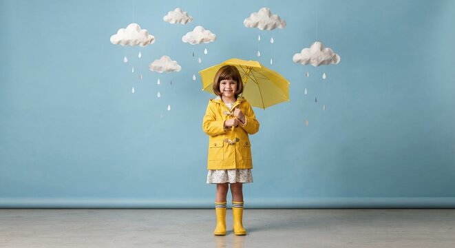 Little girl in yellow raincoat and boots with umbrella and hanging paper clouds