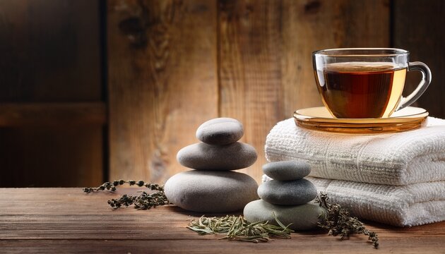 tea cup stacked towels dried herbs and stones on rustic wooden table