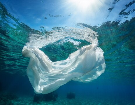 white fabric floats in clear blue water under sunlight