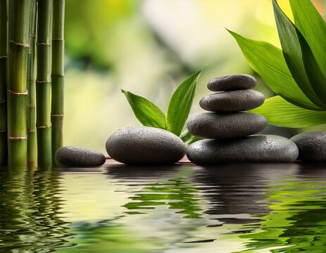 peaceful spa scene with stacked river stones fresh greenery