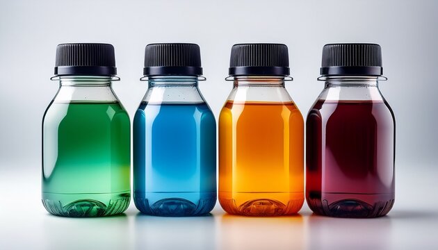four plastic bottles with black caps are arranged in a horizontal line against a white background filled with different colors liquid show the caps and the upper half of their bodies