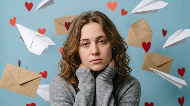 Sad woman surrounded by flying paper hearts and envelopes, love letters