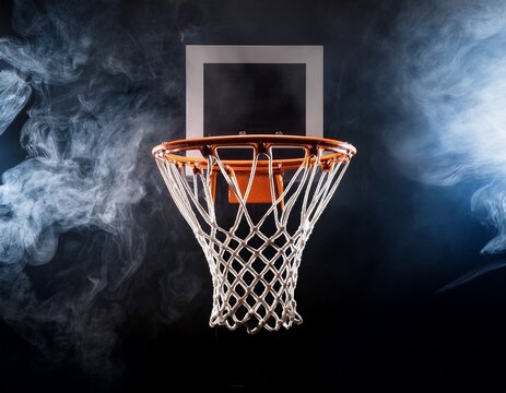 dramatic basketball hoop against mysterious dark background with smoke effect for sports themes