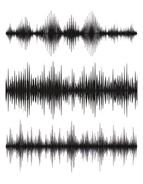 Three abstract black sound wave patterns with textured grunge effect, audio visualization, digital signal, noise