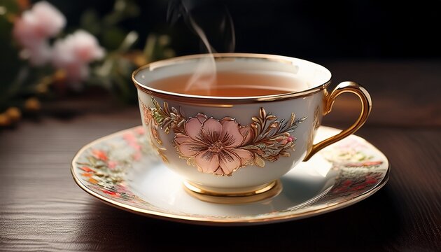 elegant teacup with floral design filled with hot drink