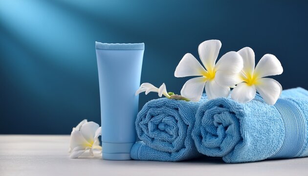 blue towels and skincare tubes with white plumeria flowers