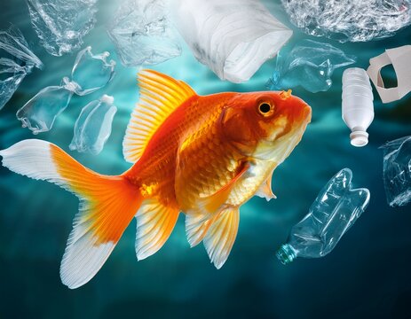 goldfish struggling with plastic waste in an underwater world