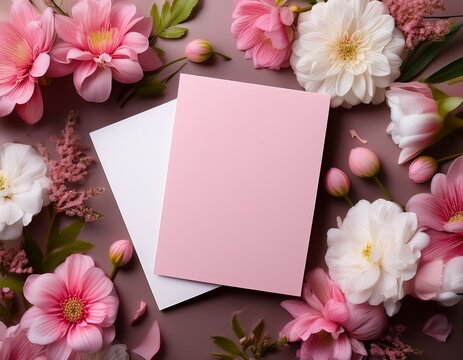 blank greeting cards nestled among pink and white floral decor