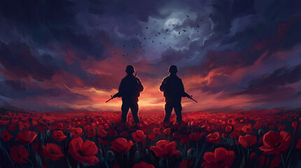 Fototapeta premium Silhouettes of two soldiers with rifles stand in a field of red poppies under a dramatic sunset sky with birds flying.