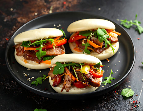 Three delicious bao buns filled with tender meat, fresh vegetables, and greens on a dark plate, Asian street food