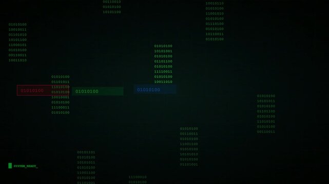Abstract Digital Data Streams with Glowing Binary Code Fragments on a Dark Cyber Background