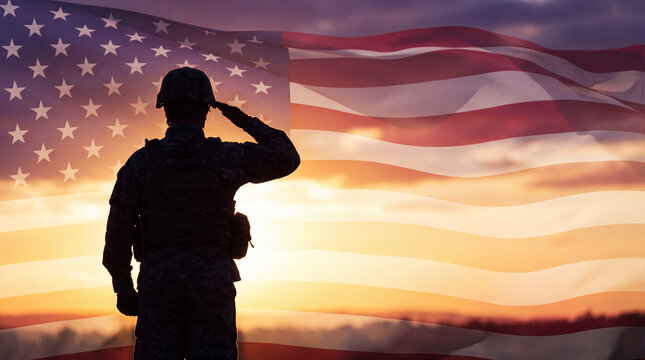 A silhouette of a soldier in uniform salutes the American flag during a vibrant sunset, symbolizing patriotism and remembrance.