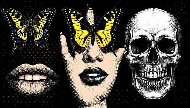 Surreal collage of pixelated human face with butterflies, lips, and skull on dark background, artistic retro digital art