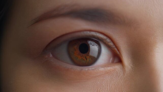 Extreme macro close-up video of an Asian woman's eye with detailed brown iris and pupil looking forward