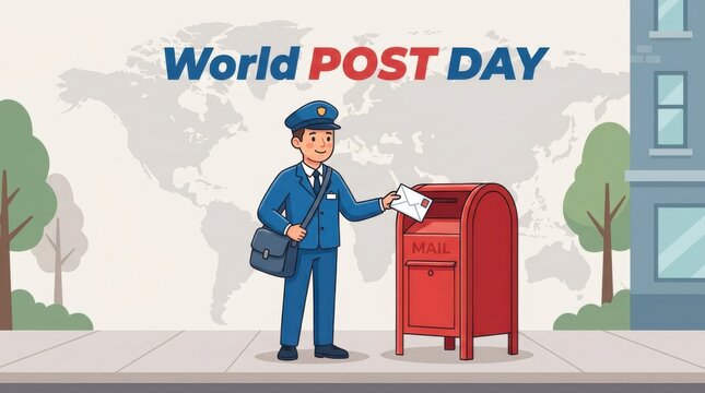 Postman delivering mail into a red mailbox illustrated with a world map backdrop mailman postal delivery courier letter envelope postcard postbox urban cityscape