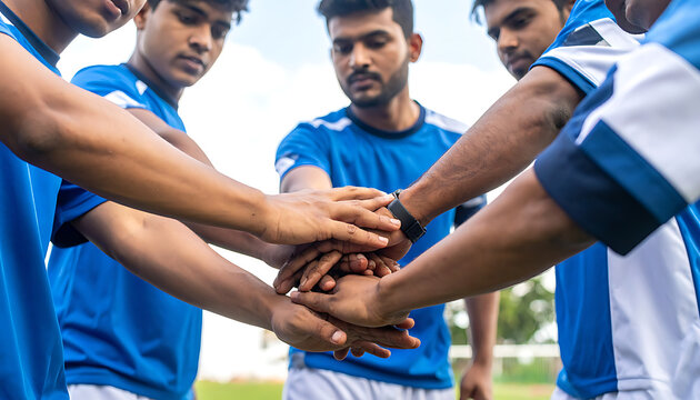 Team huddle, diverse group of young men in blue soccer jerseys stacking hands in unity, outdoor sports field with sky background