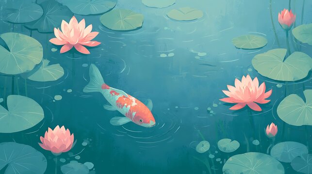 A beautiful koi fish swims in a peaceful pond with vibrant lotus flowers. Perfect for zen meditation and tranquil.