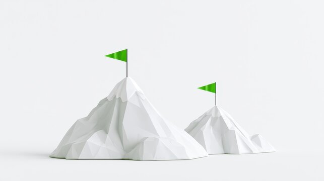 Low poly mountain peaks with green flags isolated on white background