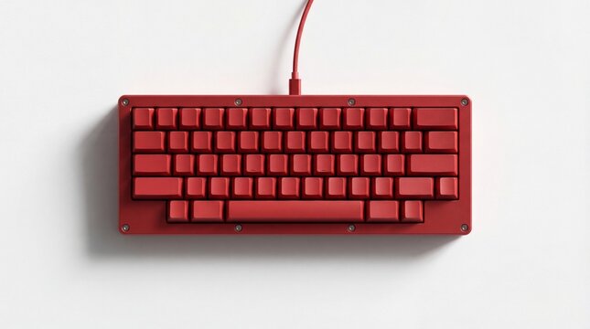 minimalist red mechanical keyboard with blank keycaps and braided cable isolated on clean white background. modern workspace technology and gaming setup. website header, banner with copyspace.