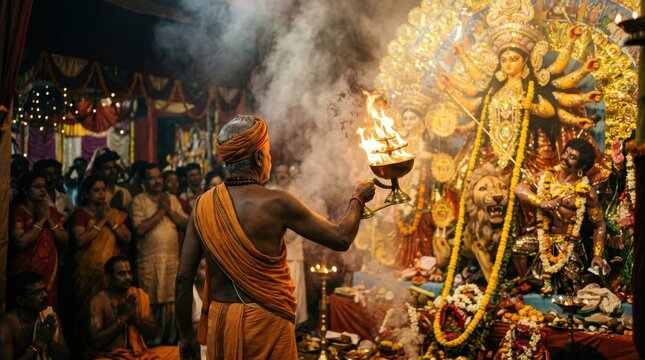 A hindu priest performs a ritual with a flaming incense burner before the goddess durga during durga puja celebrations hinduism religious ceremony