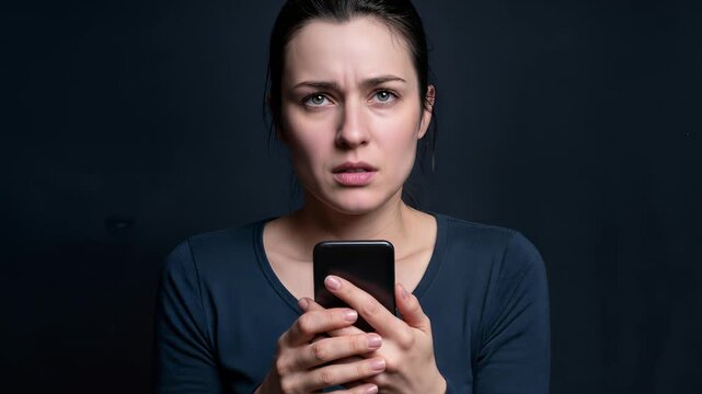 Concerned woman looking at smartphone screen with worried facial expression. Medium shot against dark background.
