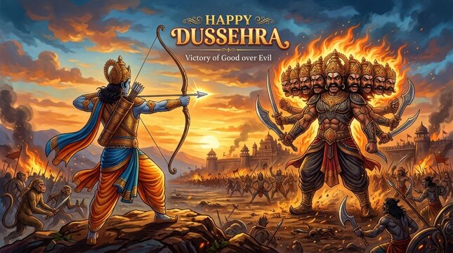 A digital illustration depicts a scene from the Hindu epic Ramayana showcasing lord rama preparing to shoot an arrow at the ten headed