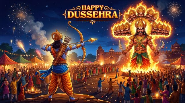 A vibrant illustration depicts the hindu festival dussehra with ram shooting an arrow at the effigy of ravana amidst a joyous crowd