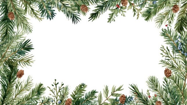 Watercolor christmas frame with pine branches, cones and berries isolated on white background