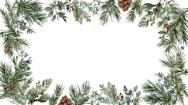 Watercolor christmas frame with pine branches, cones and berries isolated on white background